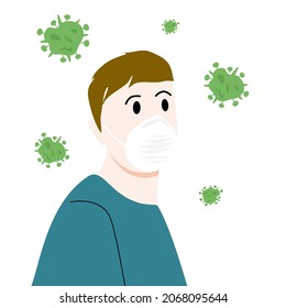 The man wearing mask protect himself from coronavirus and coronavirus flowing around him.vector on white background.