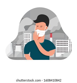 man wearing mask for protecting and suffering from air pollution in city cartoon character flat vector illustration concept
