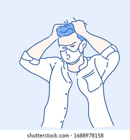 A man wearing a mask and put his hand in the head, he has an expression of anxiety and stress. Hand drawn in thin line style, vector illustrations.