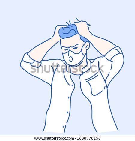 A man wearing a mask and put his hand in the head, he has an expression of anxiety and stress. Hand drawn in thin line style, vector illustrations.