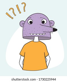 The man is wearing a mask of a rat-shaped monster.He wears a mask because he is not confident in himself.Doodle art concept,illustration painting
