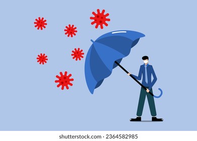 a man wearing a mask repels or defends against the corona virus using an umbrella, the importance of using a mask for health, the dangers of the corona virus.
