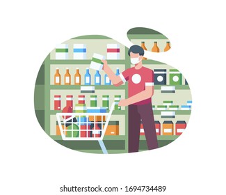 A Man Wearing A Mask And Shopping For Groceries At The Supermarket