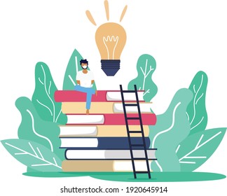 A man wearing mask sitting over the tower of books while working or studying through online internet in covid19 corona virus outbreak situation, social distancing e learning online education