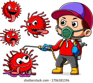 A man wearing mask spray to cleaning corona virus of illustration