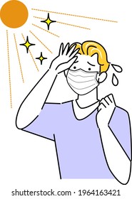 A man wearing a mask in the sun and looking hot. Illustration. Simple. vector.