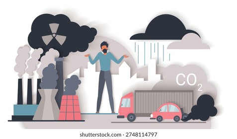 Man wearing mask surrounded by factory smoke, car emissions, dark clouds, and CO2 symbols, highlighting urban air pollution and environmental health risks vector illustration