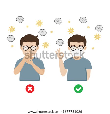 Man wearing mask and without mask to protect PM 2.5 and corona virus.
