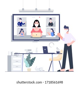 Man Wearing Mask Work At Home Teleconference Through Big Digital Screen For Business Meeting With Group Of Five Co-workers. Flat Design Abstract People Vector EPS10.