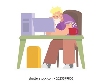 Man wearing masker with coffee. Working on computer. Freelancer home workplace. Work from home