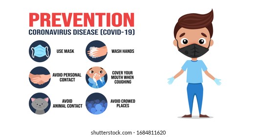 Man wearing medical blue mask for preventing coronavirus symptoms. Infographic about the prevention with icon of hand washing, shaking hands. Vector flat cartoon illustration