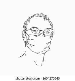 Man Wearing Medical Face Mask And Eyeglasses, Hand Drawn Linear Portrait, Vector Sketch