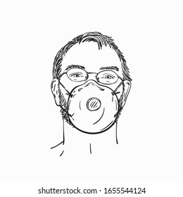 Man wearing medical face mask and eyeglasses, Hand drawn linear portrait, Vector sketch