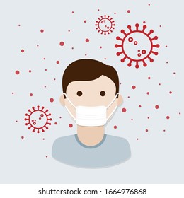 Man wearing a medical face mask. Protection against coronavirus 2019 nCoV. Concept of flu outbreak, public health risk, covid 2019, MERS-CoV, SARS-CoV. Vector illustration, flat design