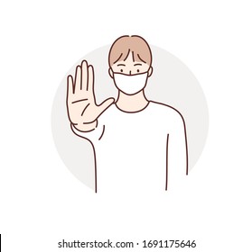 Hombre con mascarilla médica y con la palma de la mano. ¡NO! Ilustraciones de diseño vectorial de estilo dibujado a mano.