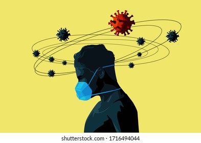 A man wearing a medical face mask thinking about a solution for the covid-19 coronavirus outbreak. Vaccine, global health concept. Vector illustration.