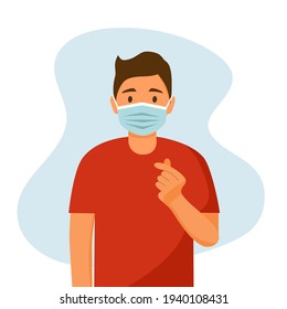 A man wearing medical face mask and show message of love hand gesture. Hand fold into heart symbol. Korean symbol finger heart design vector illustration.	
