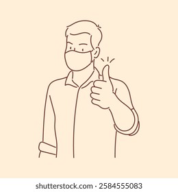 A man wearing a medical face mask and giving a thumbs-up, showing confidence, Hand drawn illustration vector.