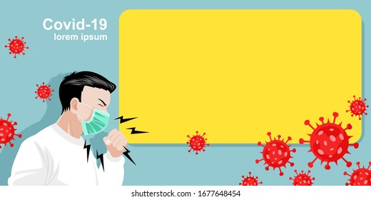 A man wearing a medical mask and cough shows symptoms of the disease. Blank page infographic of Novel Coronavirus 2019-nCoV from Wuhan China outbreak. Poster or banner design vector