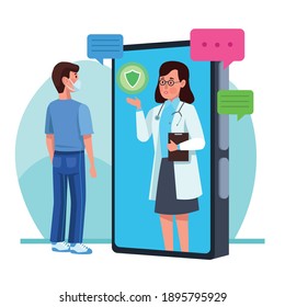 man wearing medical mask with doctor in smartphone vector illustration design