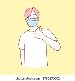 Hombre con mascarilla médica y gesto con el dedo gordo. Prevención de enfermedades, gripe, contaminación del aire, aire contaminado, concepto de contaminación mundial. vector de estilo plano de carácter dibujado a mano.