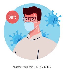 man wearing medical mask with high fever symptom of coronavirus covid 19