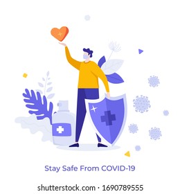 Man wearing medical mask holding protective shield, disinfectant or sanitizer and heart. Concept of safety during COVID-19 outbreak, Coronavirus pandemic awareness. Modern flat vector illustration.