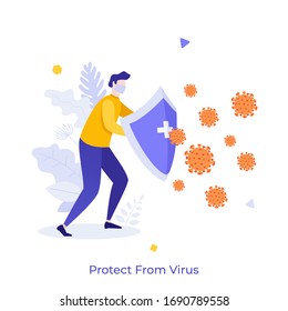 Man wearing medical mask holding shield and protecting himself against virus. Concept of personal protection against Coronavirus disease or COVID-19 viral infection. Modern flat vector illustration.