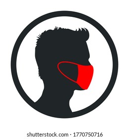 Man wearing medical mask icon, protecting themselves against pandemic epidemic infection. Coronavirus - COVID-19, virus contamination, pollution, antivirus. Disposable medical mask button