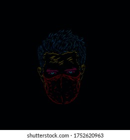 a man wearing medical mask line pop art potrait logo colorful design with dark background. Isolated black background for t-shirt, poster, clothing, merch, apparel, badge design