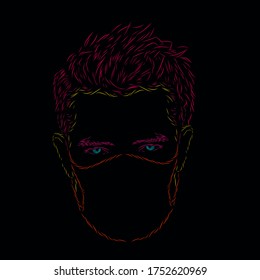 a man wearing medical mask line pop art potrait logo colorful design with dark background. Isolated black background for t-shirt, poster, clothing, merch, apparel, badge design