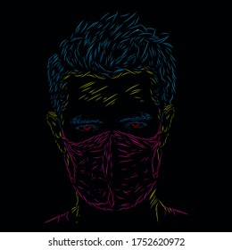 a man wearing medical mask line pop art potrait logo colorful design with dark background. Isolated black background for t-shirt, poster, clothing, merch, apparel, badge design