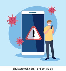 man wearing medical mask look into her smartphone, covid 19, social media coronavirus concept vector illustration design