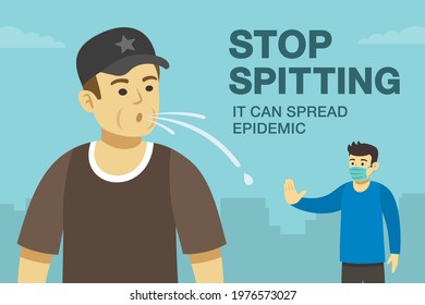 Man wearing a medical mask makes a stop gesture with his hand to spitting young male character. Stop spitting, it can spread epidemic warning graphic design. Flat vector illustration template. 