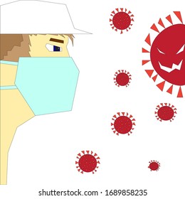man wearing medical mask and many viruses around