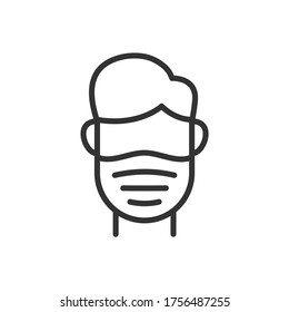 Man wearing a medical mask. Outline icon. Vector illustration.