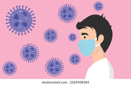 Man wearing medical mask to protect COVID-19 or prevent disease, flu, air pollution, contaminated air, world pollution, HMPV, human metapneumovirus concept.