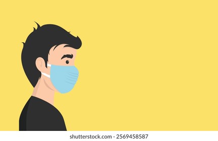 Man wearing medical mask to protect COVID-19 or prevent disease, flu, air pollution, contaminated air, world pollution, HMPV, human metapneumovirus concept.