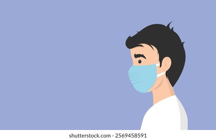 Man wearing medical mask to protect COVID-19 or prevent disease, flu, air pollution, contaminated air, world pollution, HMPV, human metapneumovirus concept.