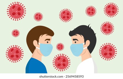 Man wearing medical mask to protect COVID-19 or prevent disease, flu, air pollution, contaminated air, world pollution, HMPV, human metapneumovirus concept.