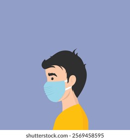 Man wearing medical mask to protect COVID-19 or prevent disease, flu, air pollution, contaminated air, world pollution, HMPV, human metapneumovirus concept.