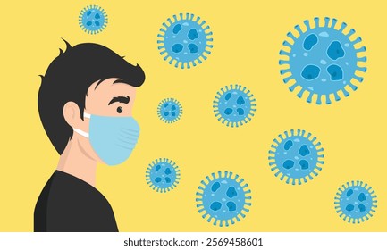 Man wearing medical mask to protect COVID-19 or prevent disease, flu, air pollution, contaminated air, world pollution, HMPV, human metapneumovirus concept.