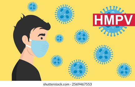 Man wearing medical mask to protect HMPV, human metapneumovirus, COVID-19 or prevent disease, flu, air pollution, contaminated air, world pollution concept.