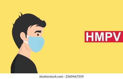 Man wearing medical mask to protect HMPV, human metapneumovirus, COVID-19 or prevent disease, flu, air pollution, contaminated air, world pollution concept.