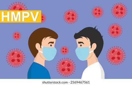 Man wearing medical mask to protect HMPV, human metapneumovirus, COVID-19 or prevent disease, flu, air pollution, contaminated air, world pollution concept.