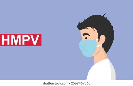 Man wearing medical mask to protect HMPV, human metapneumovirus, COVID-19 or prevent disease, flu, air pollution, contaminated air, world pollution concept.