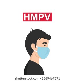 Man wearing medical mask to protect HMPV, human metapneumovirus, COVID-19 or prevent disease, flu, air pollution, contaminated air, world pollution concept.