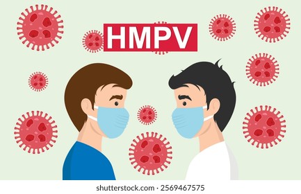 Man wearing medical mask to protect HMPV, human metapneumovirus, COVID-19 or prevent disease, flu, air pollution, contaminated air, world pollution concept.