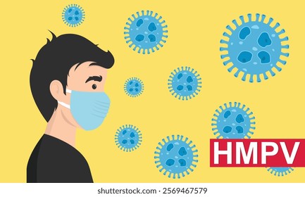 Man wearing medical mask to protect HMPV, human metapneumovirus, COVID-19 or prevent disease, flu, air pollution, contaminated air, world pollution concept.