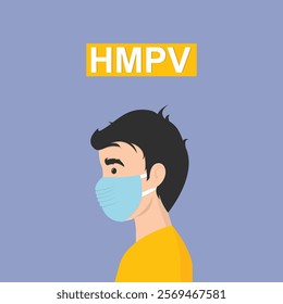 Man wearing medical mask to protect HMPV, human metapneumovirus, COVID-19 or prevent disease, flu, air pollution, contaminated air, world pollution concept.